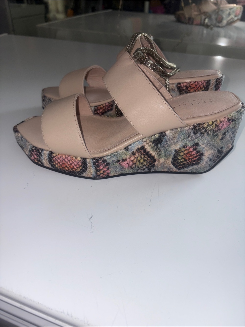 CECELIA NEW YORK Beige Platform Slide Sandals with Multicolor Patterned Wedge